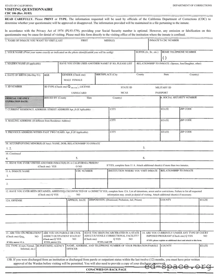 Blank Visiting Questionnaire PDF Form