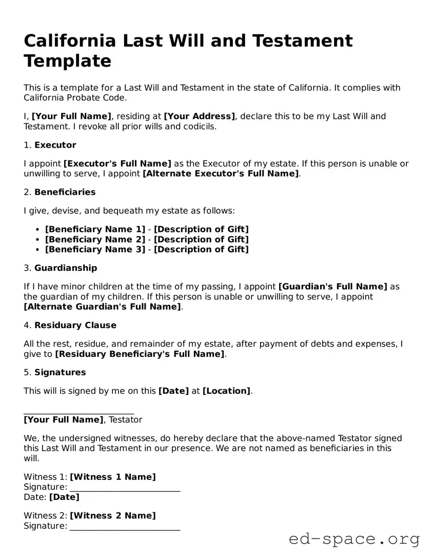 Free  Last Will and Testament Form for California