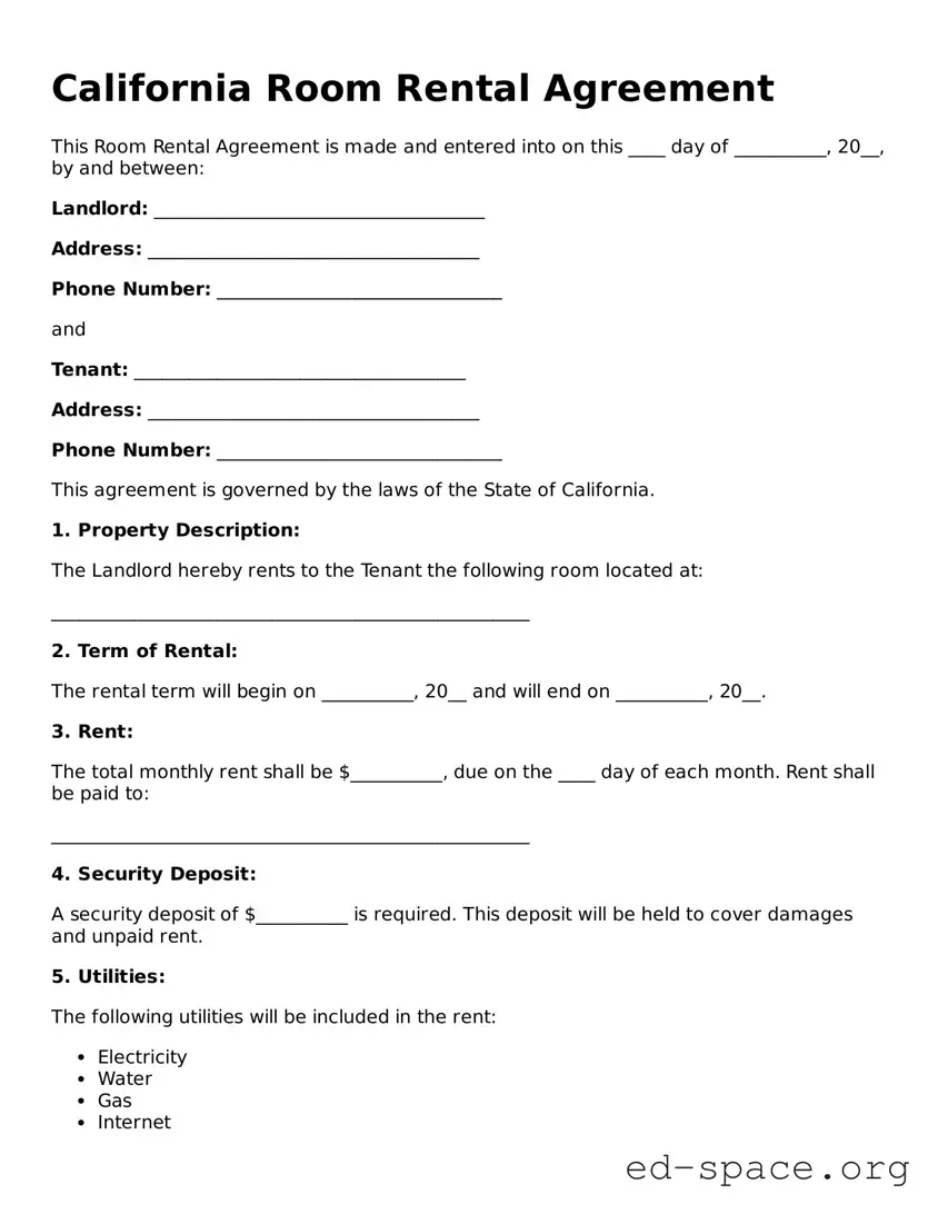 Free  Room Rental Agreement Form for California