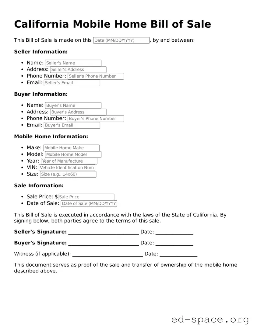 Free  Mobile Home Bill of Sale Form for California