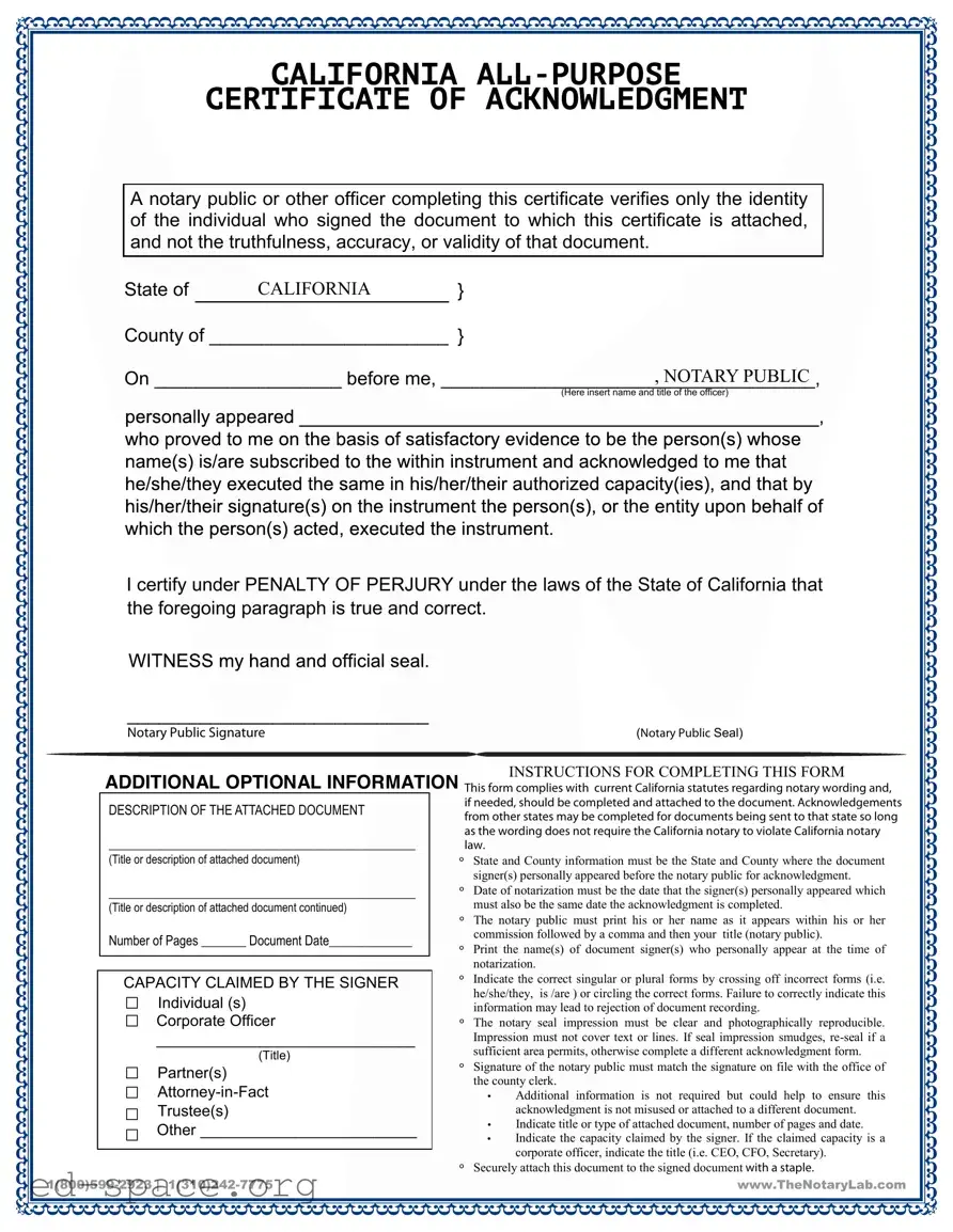Blank California Acknowledgement Certificate PDF Form