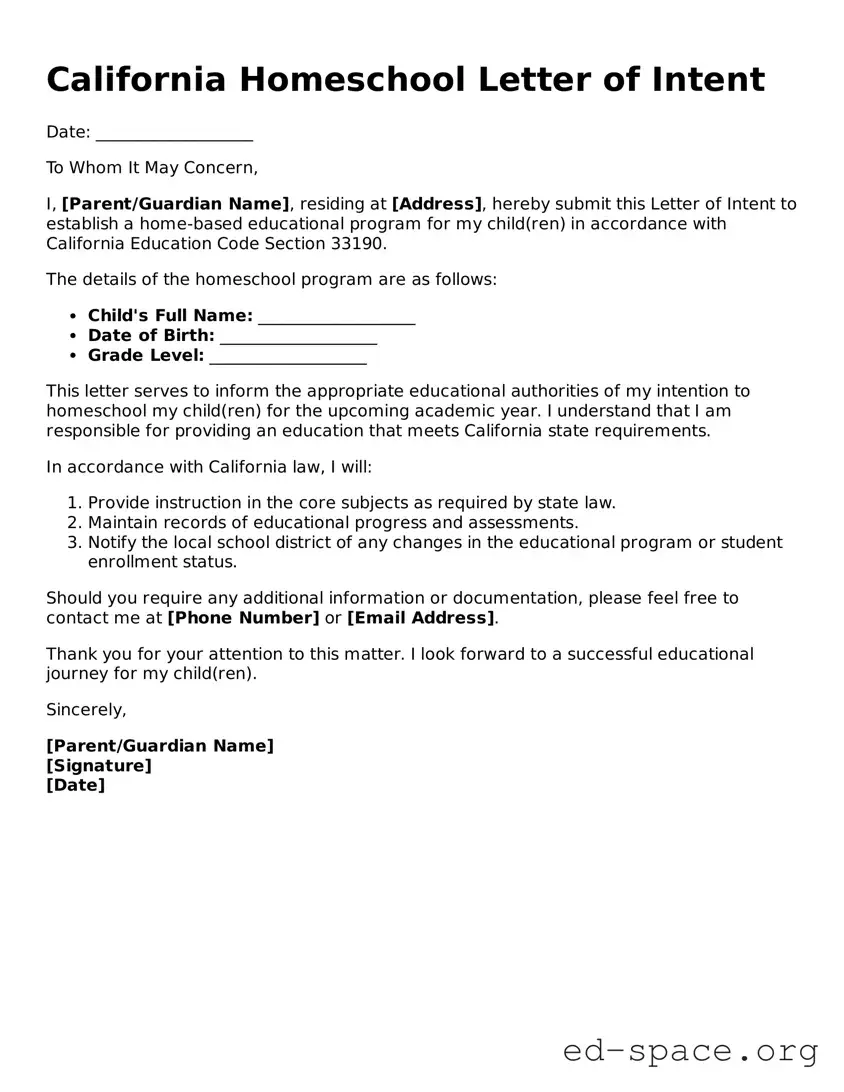 Free  Homeschool Letter of Intent Form for California