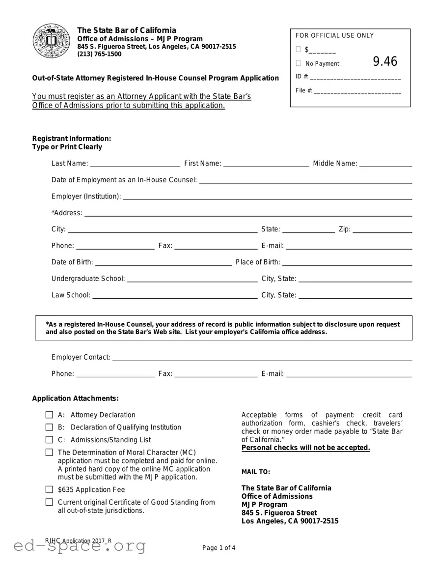 Blank California Application Registered In Counsel PDF Form