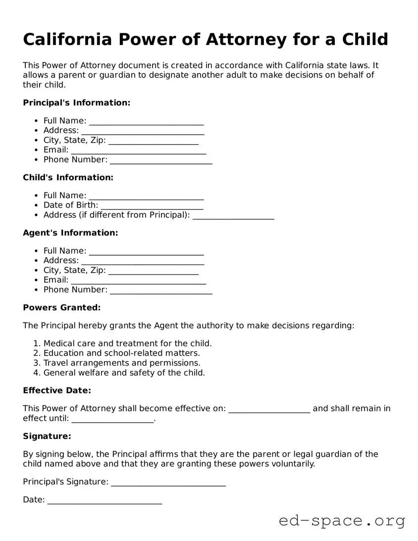 Free  Power of Attorney for a Child Form for California