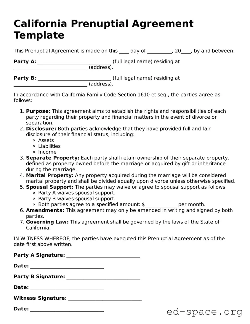 Free  Prenuptial Agreement Form for California