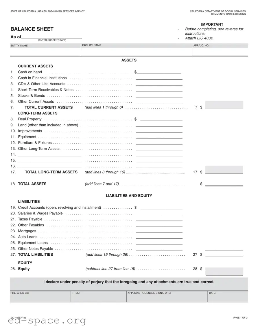 Blank California Balance Sheet PDF Form