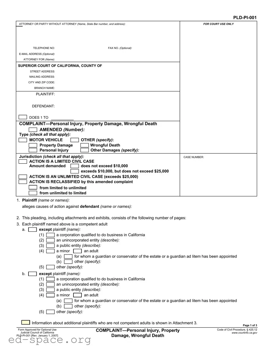 Blank California Complaint PDF Form