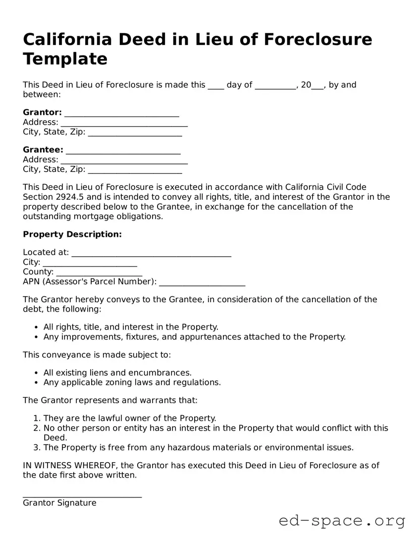 Free  Deed in Lieu of Foreclosure Form for California