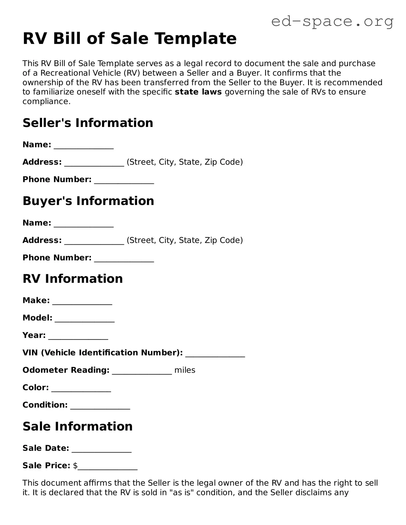 Fillable RV Bill of Sale Template