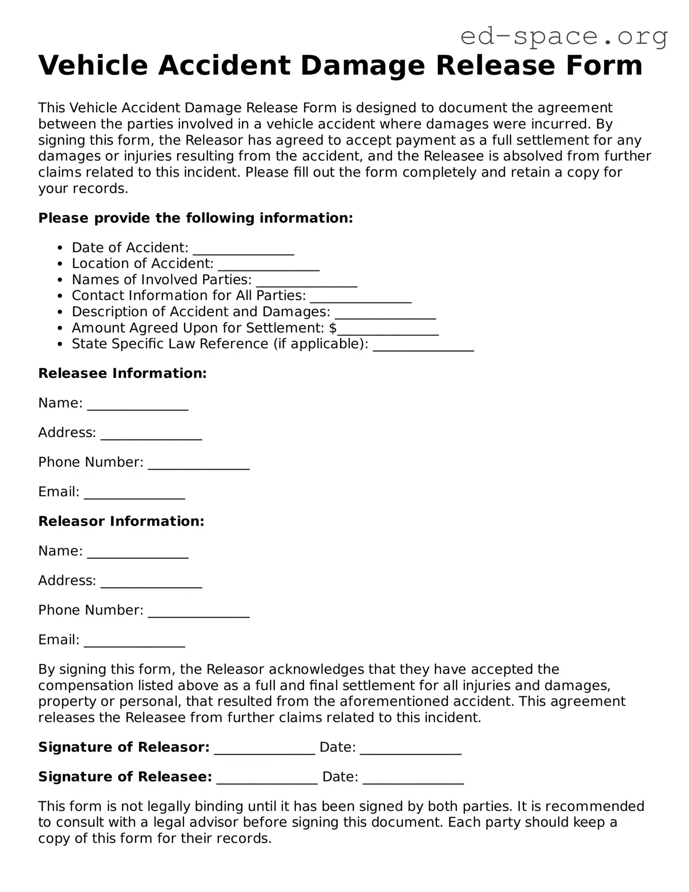 Fillable Vehicle Accident Damage Release Template