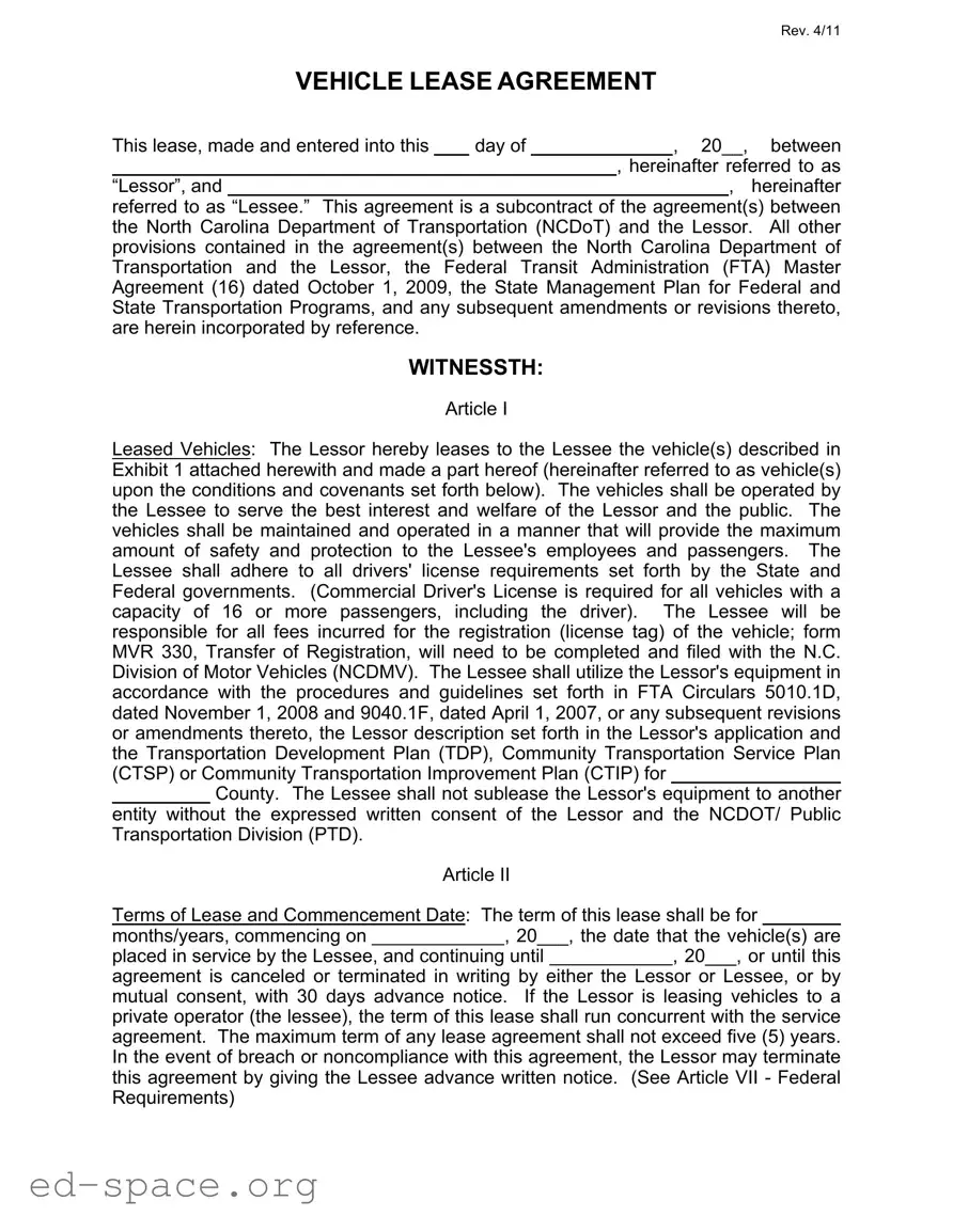 Blank Commercial Vehicle Lease Agreement PDF Form