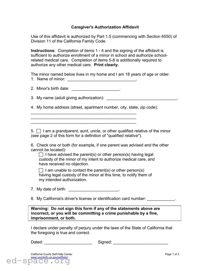 Blank Caregivers Authorization Affidavit PDF Form