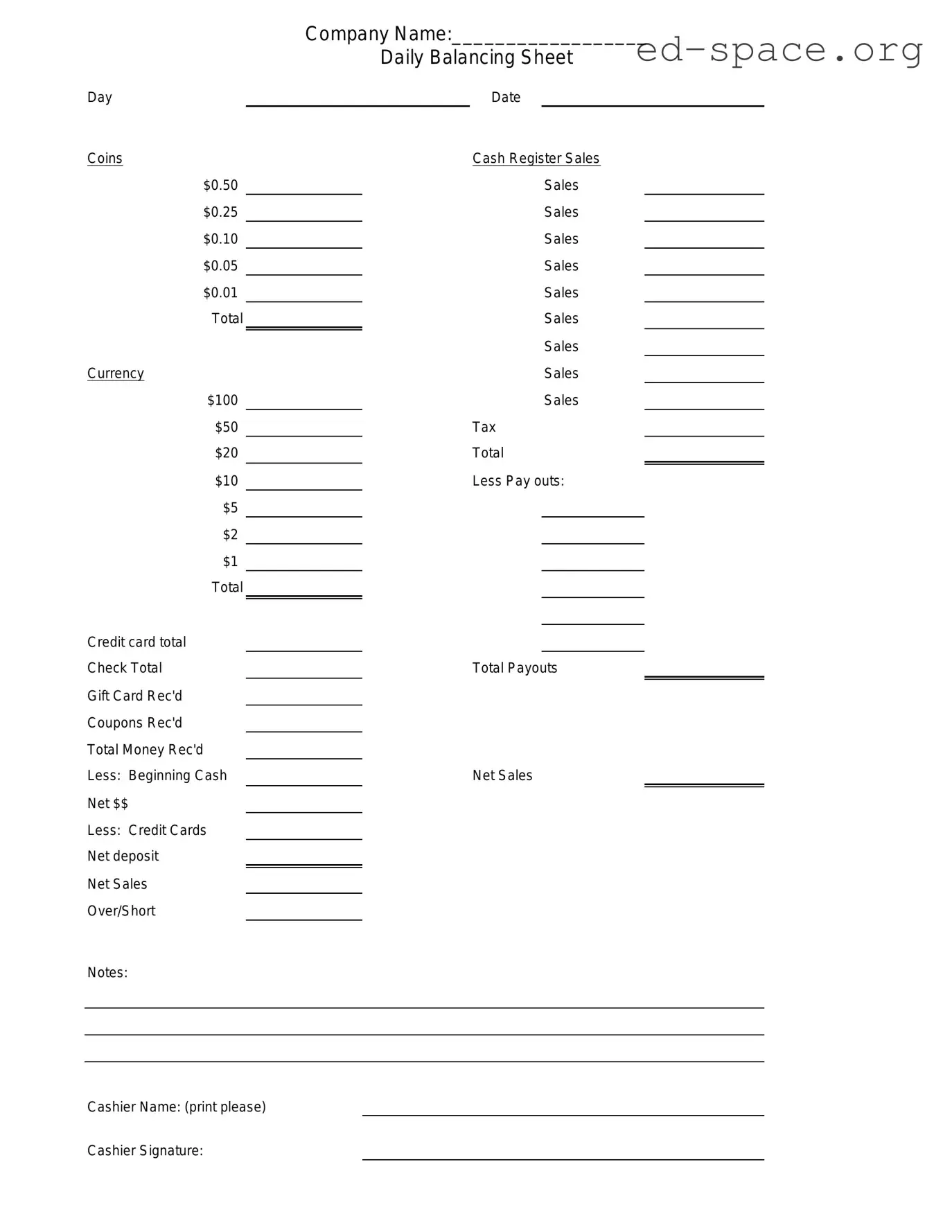 Blank Cash Drawer Count Sheet PDF Form
