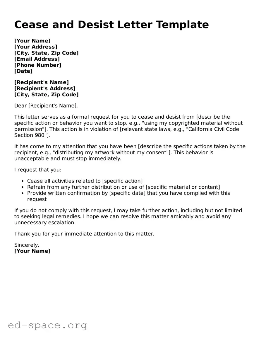 Fillable Cease and Desist Letter Template