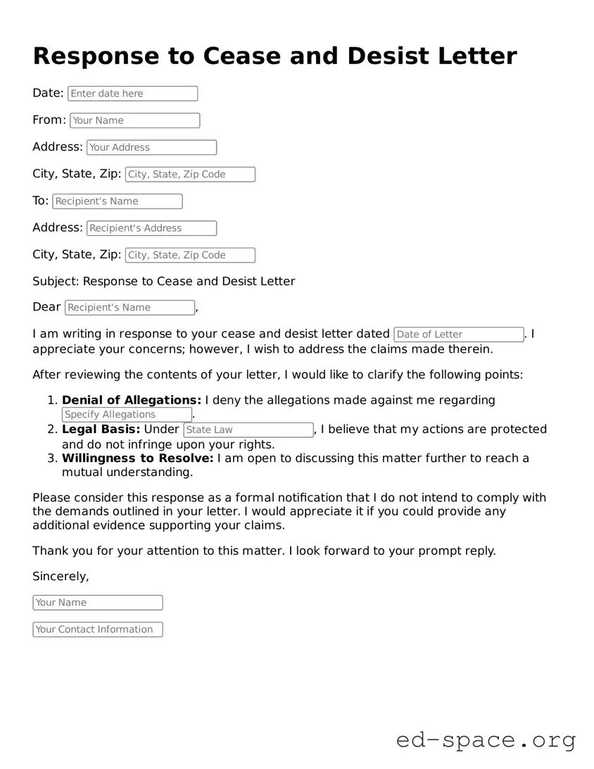 Fillable Response to a Cease and Desist Letter Template