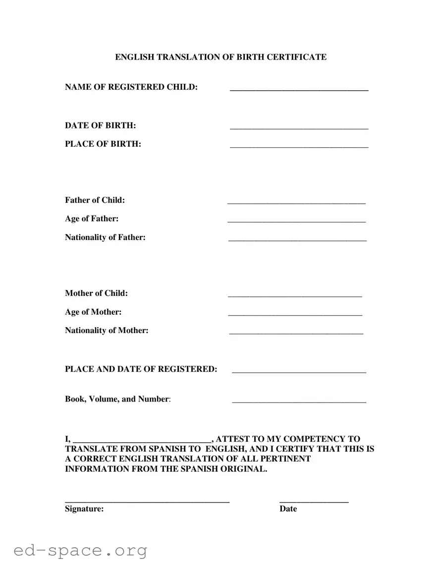 Blank Birth Certificate Translation To English PDF Form
