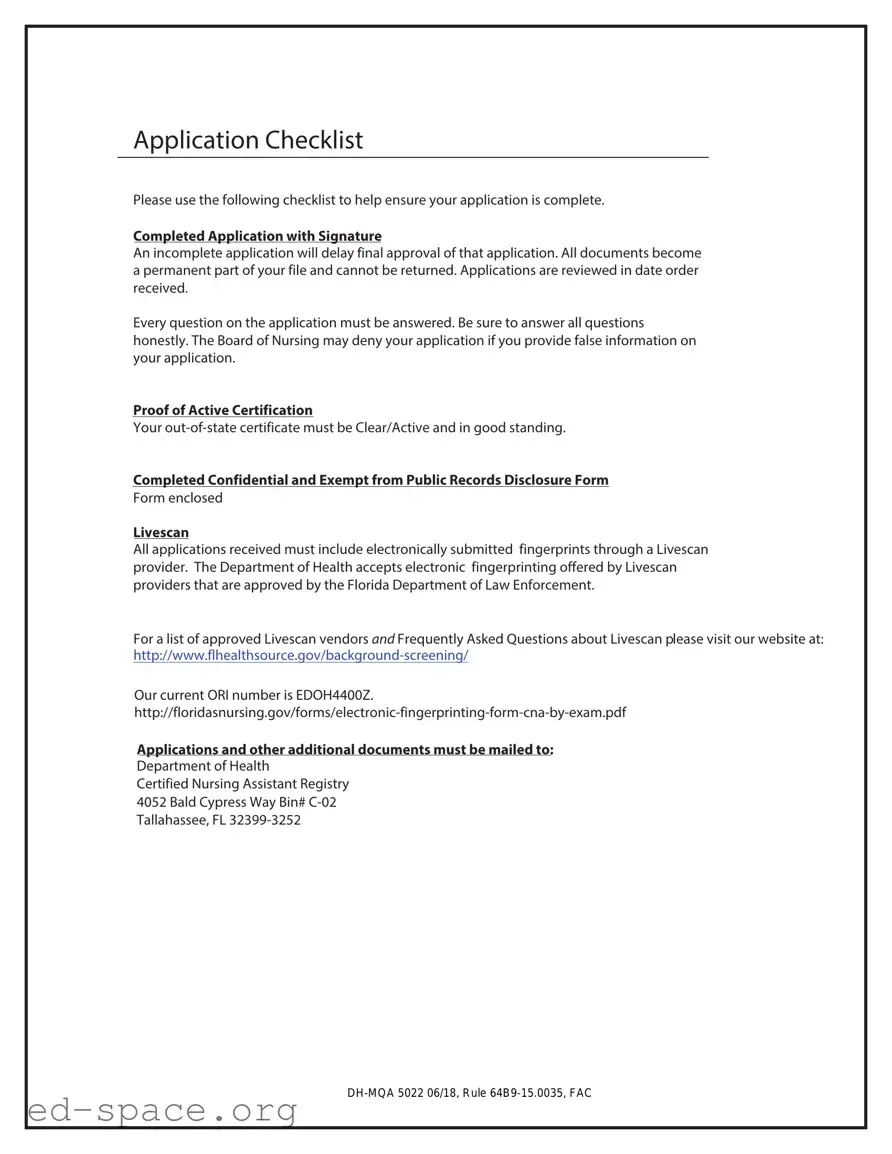 Blank Cna License To Florida PDF Form