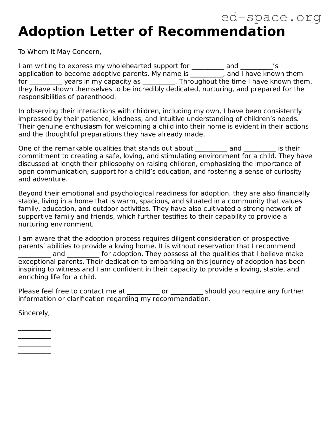 Fillable Adoption Letter of Recommendation Template