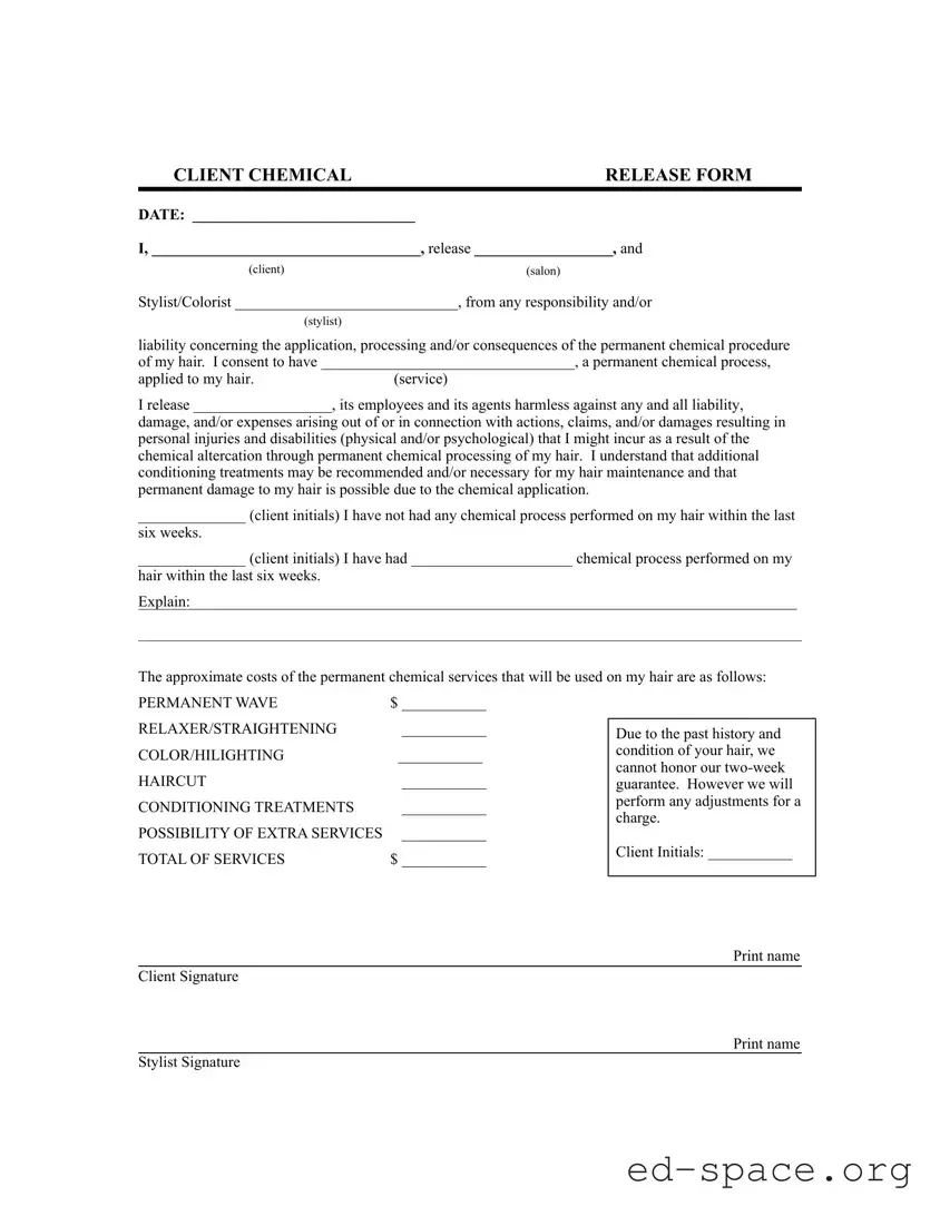 Blank Salon Chemical Waiver PDF Form