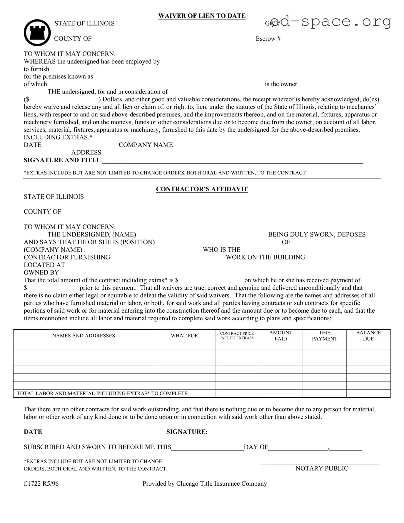 Blank Chicago Title Waiver Format PDF Form