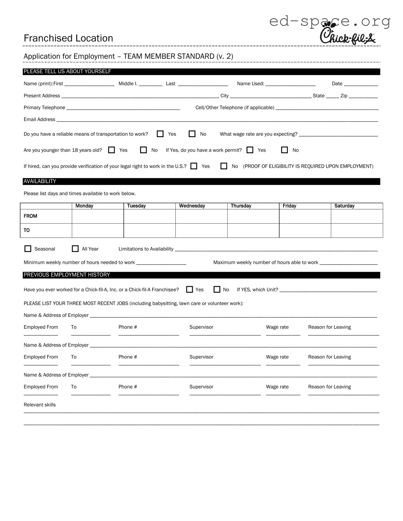 Blank Chick Fil A Job Application PDF Form