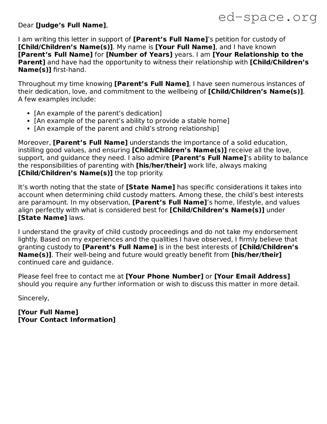 Fillable Character Reference Letter for Child Custody Template