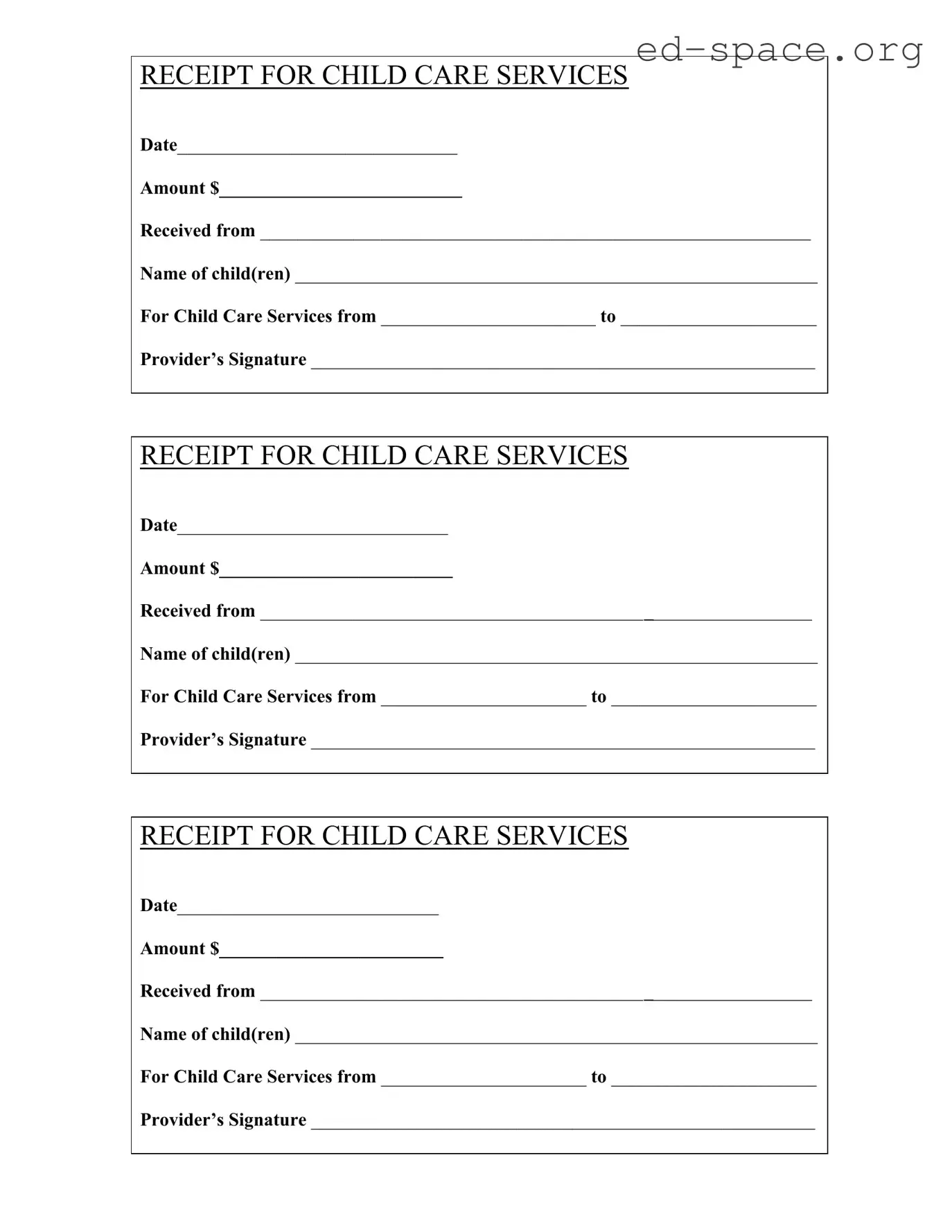 Blank Childcare Receipt PDF Form
