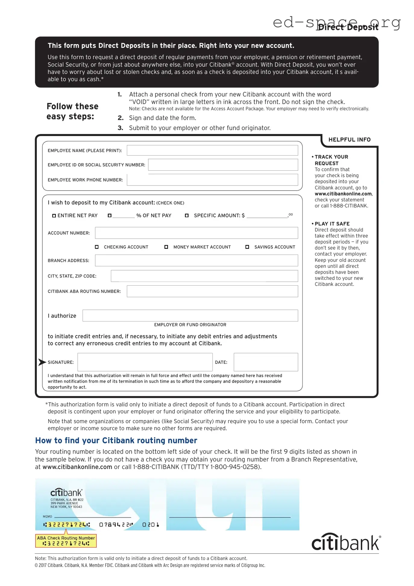Blank Citibank Direct Deposit PDF Form