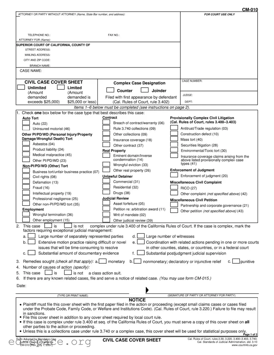Blank California Civil PDF Form