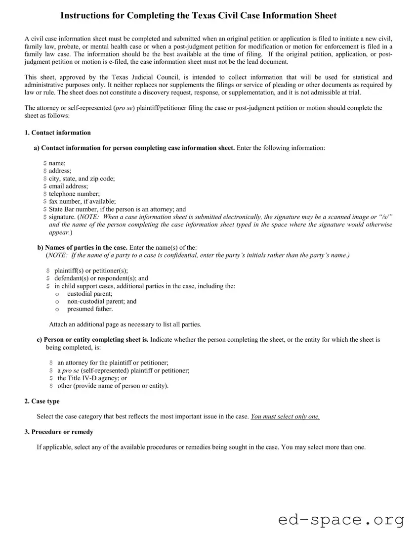 Blank Texas Civil Case Information Sheet PDF Form