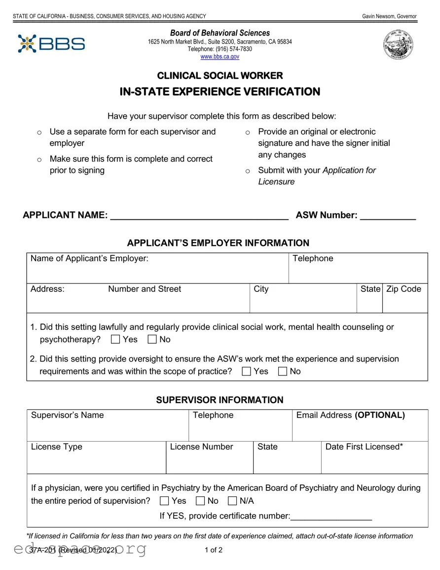 Blank Clinical Social Experience Verification PDF Form