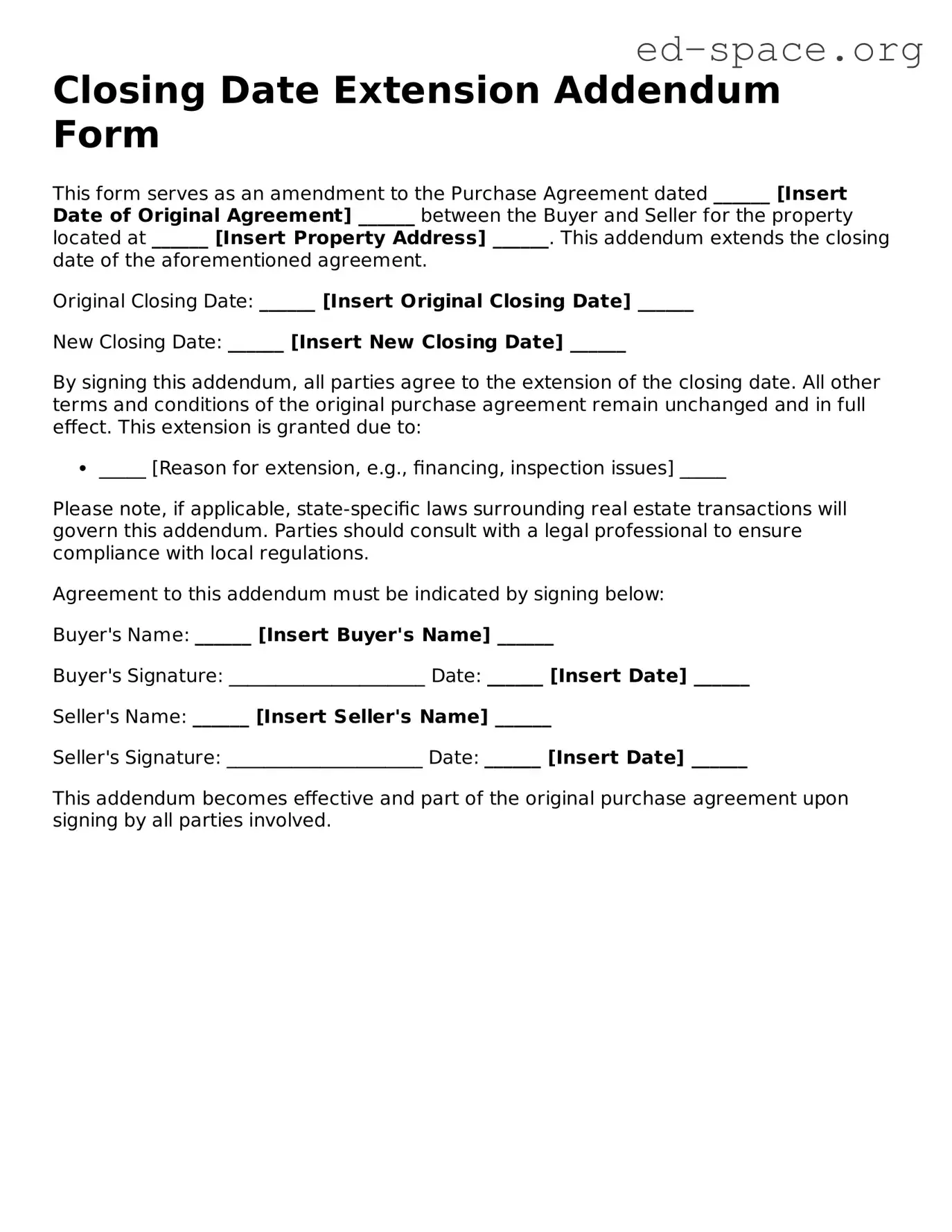 Fillable Closing Date Extension Addendum Form Template