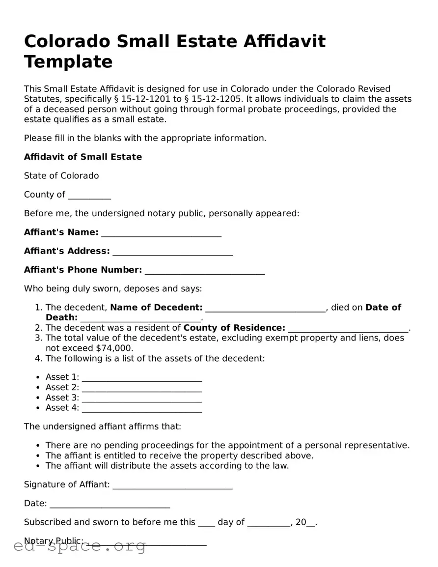 Free  Small Estate Affidavit Form for Colorado