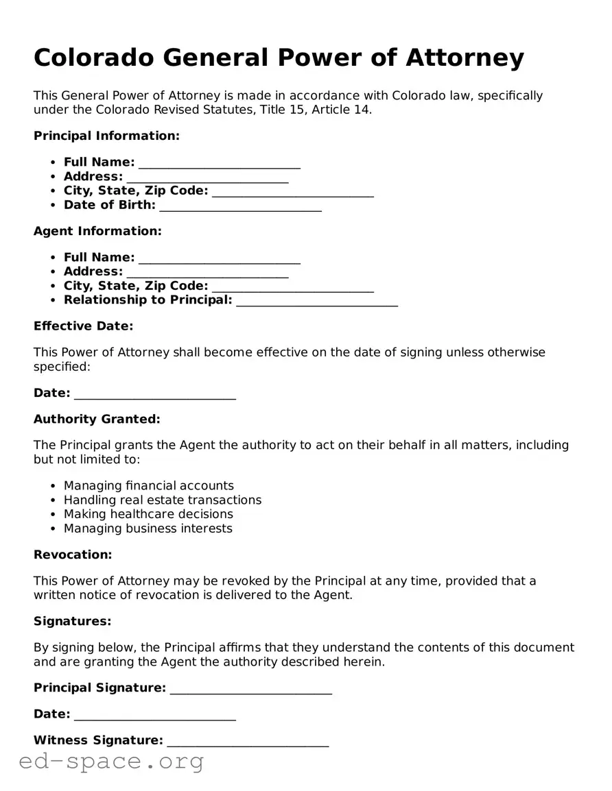 Free  General Power of Attorney Form for Colorado