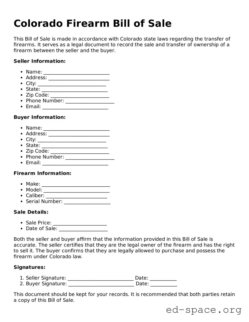 Free  Firearm Bill of Sale Form for Colorado