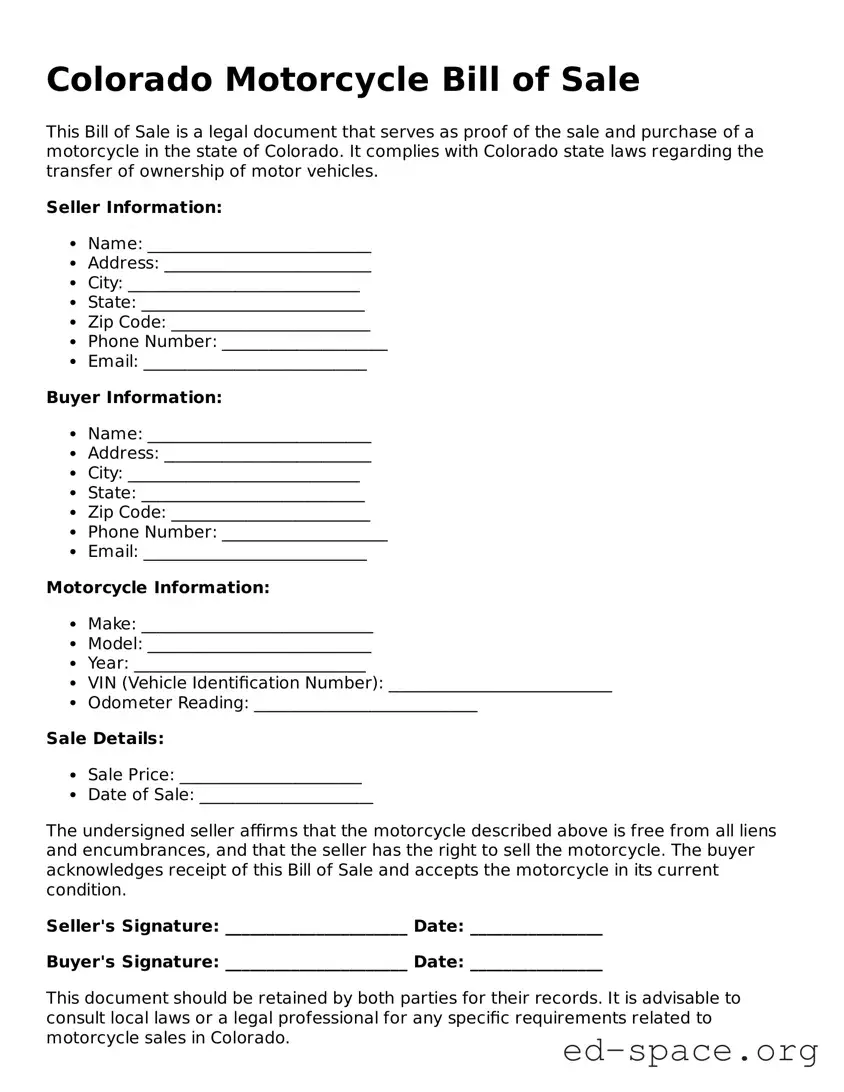 Free  Motorcycle Bill of Sale Form for Colorado