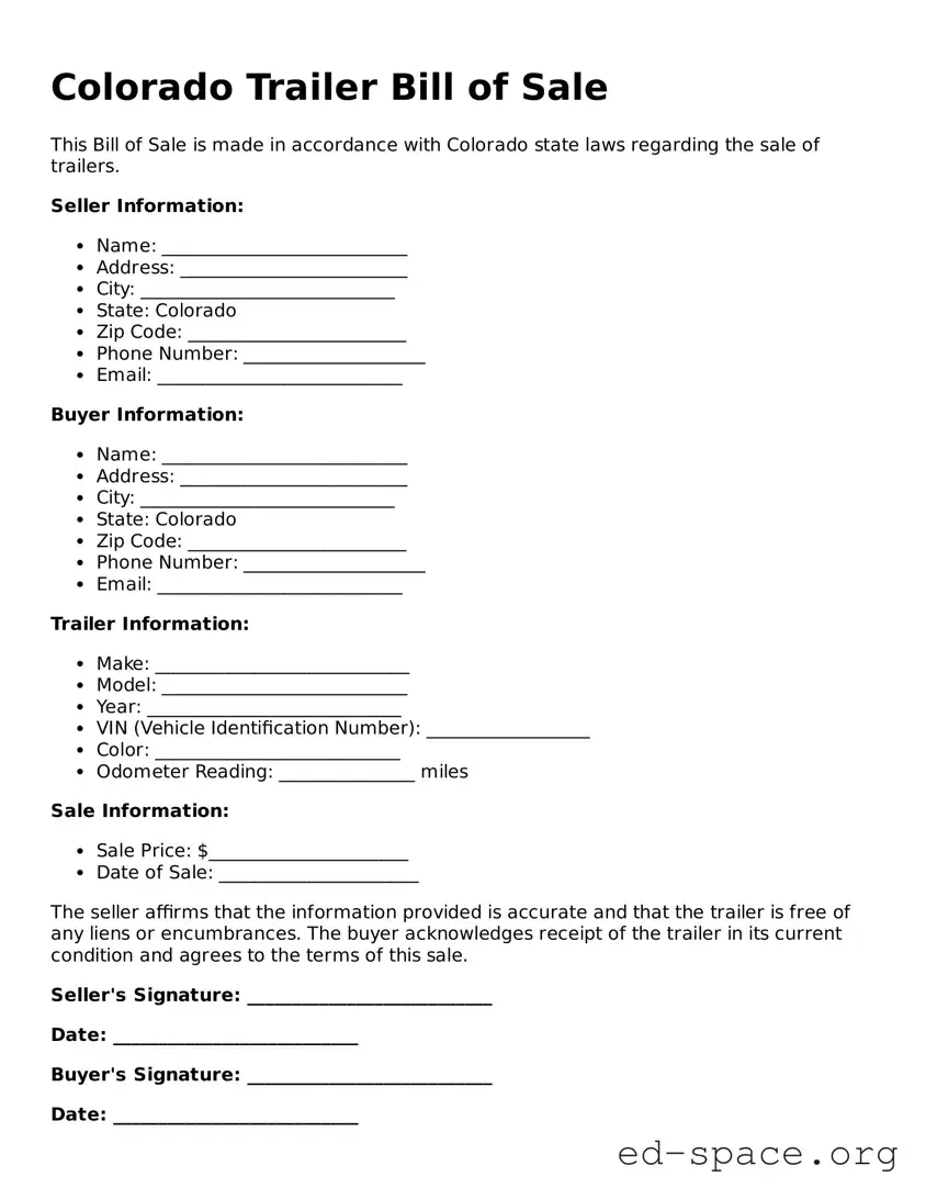 Free  Trailer Bill of Sale Form for Colorado