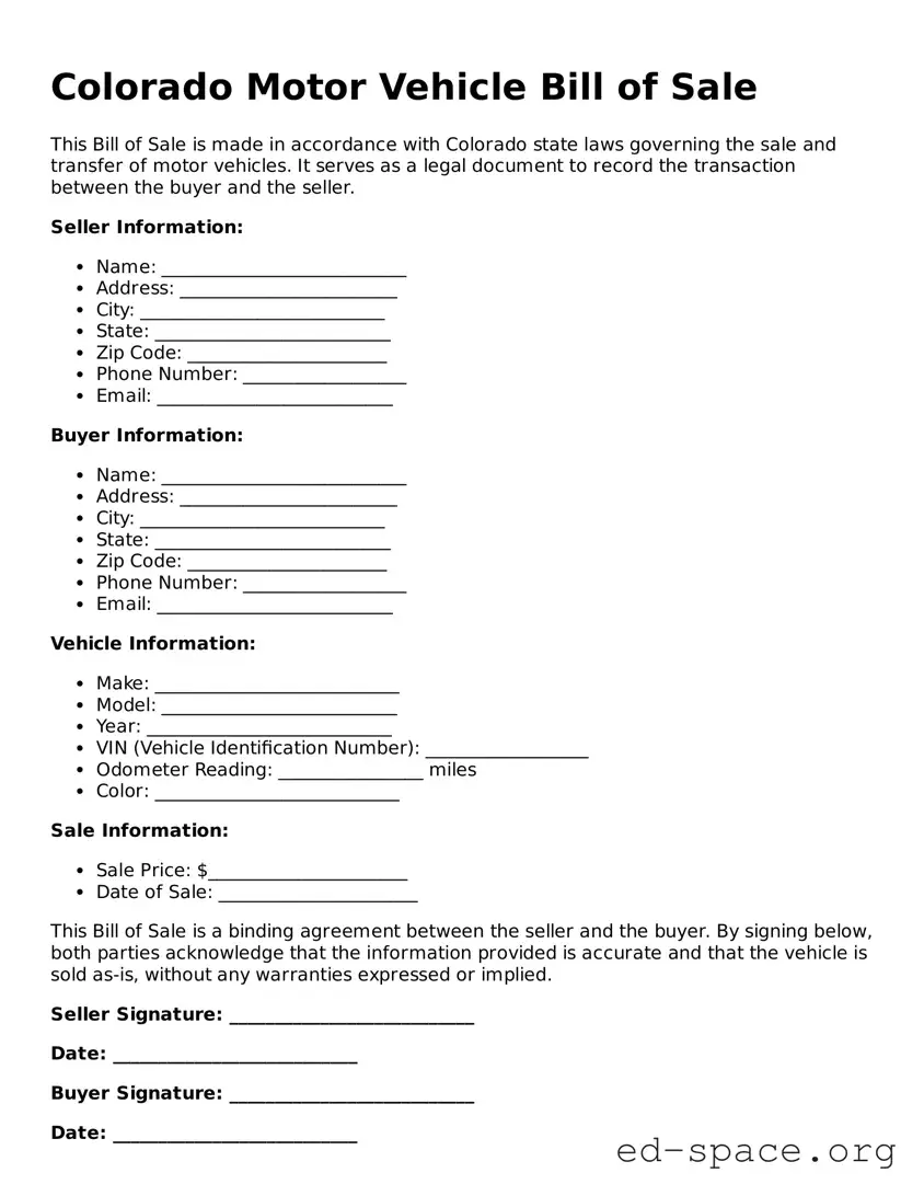 Free  Motor Vehicle Bill of Sale Form for Colorado