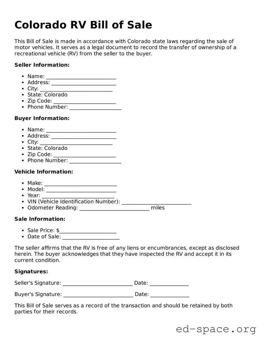 Free  RV Bill of Sale Form for Colorado