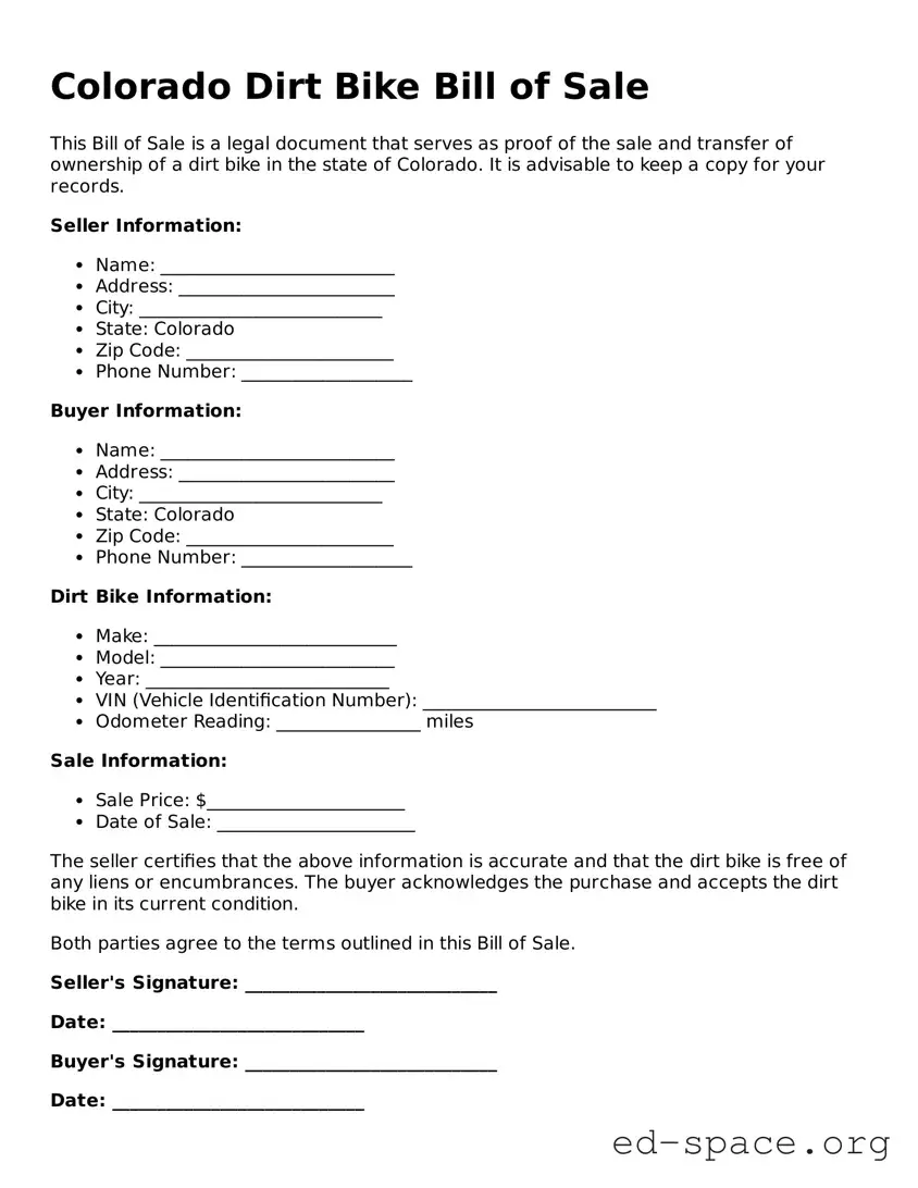 Free  Dirt Bike Bill of Sale Form for Colorado