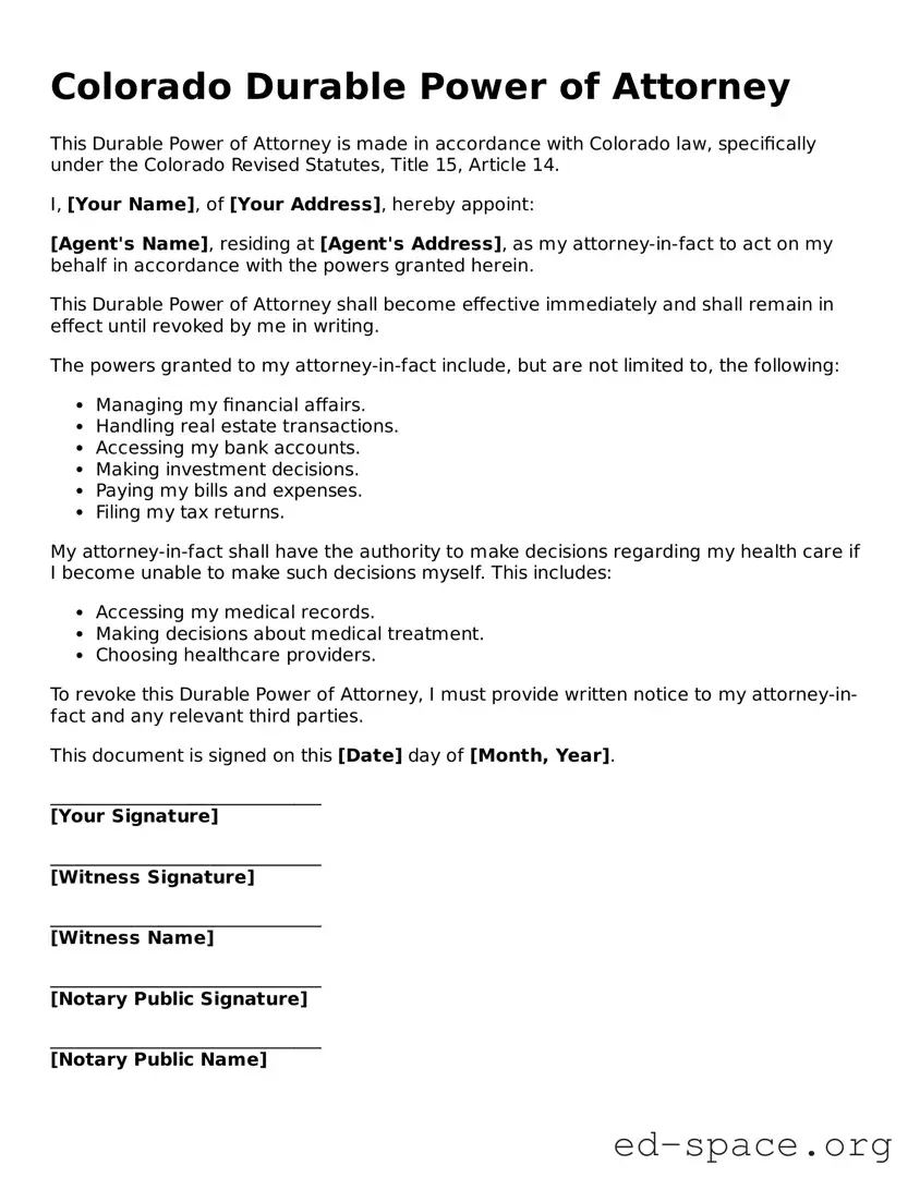 Free  Durable Power of Attorney Form for Colorado