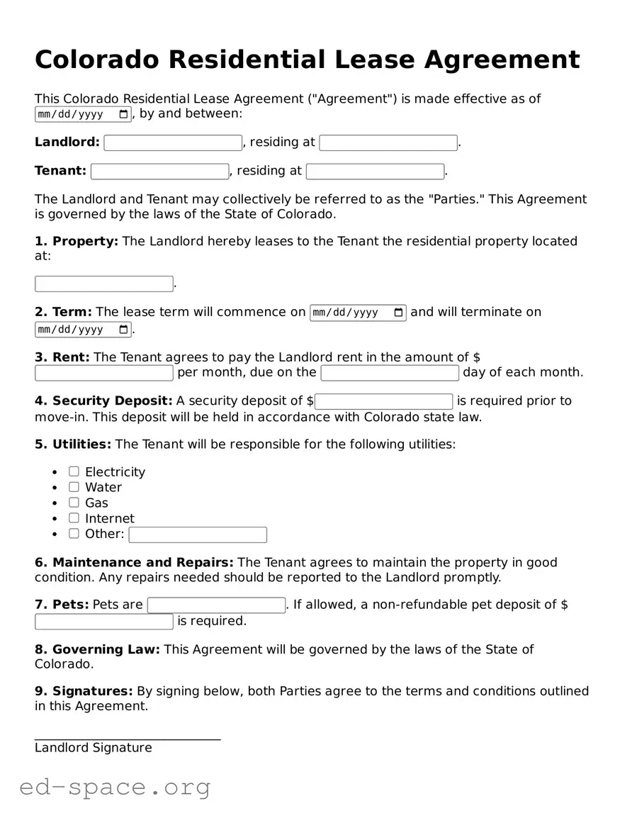 Free  Residential Lease Agreement Form for Colorado