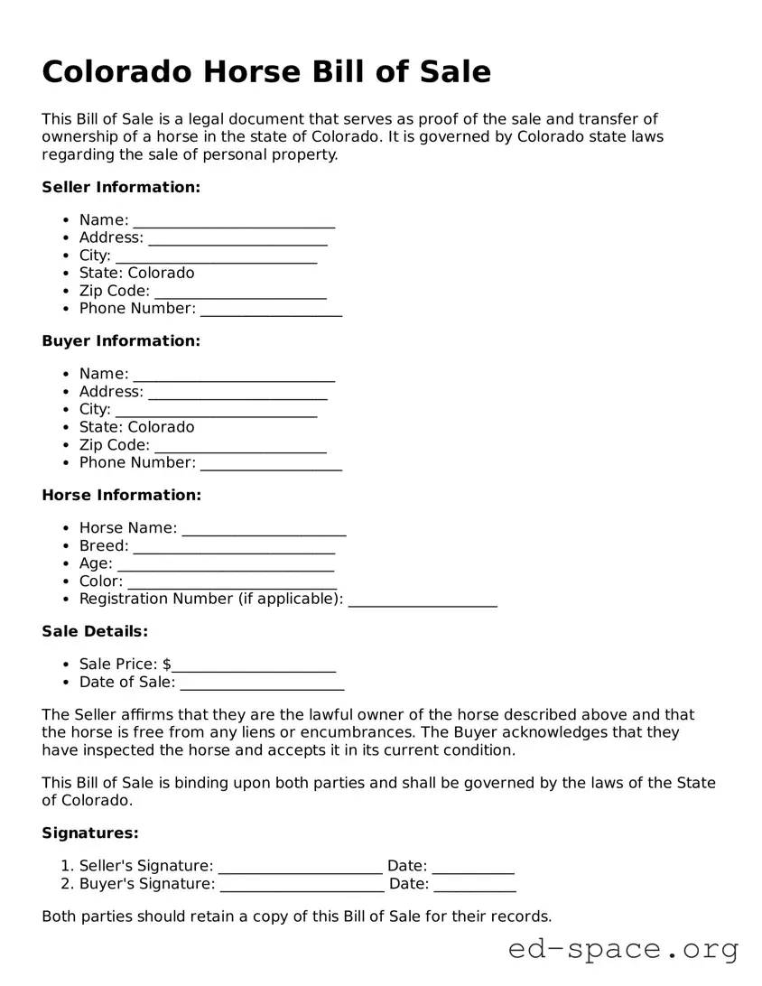 Free  Horse Bill of Sale Form for Colorado
