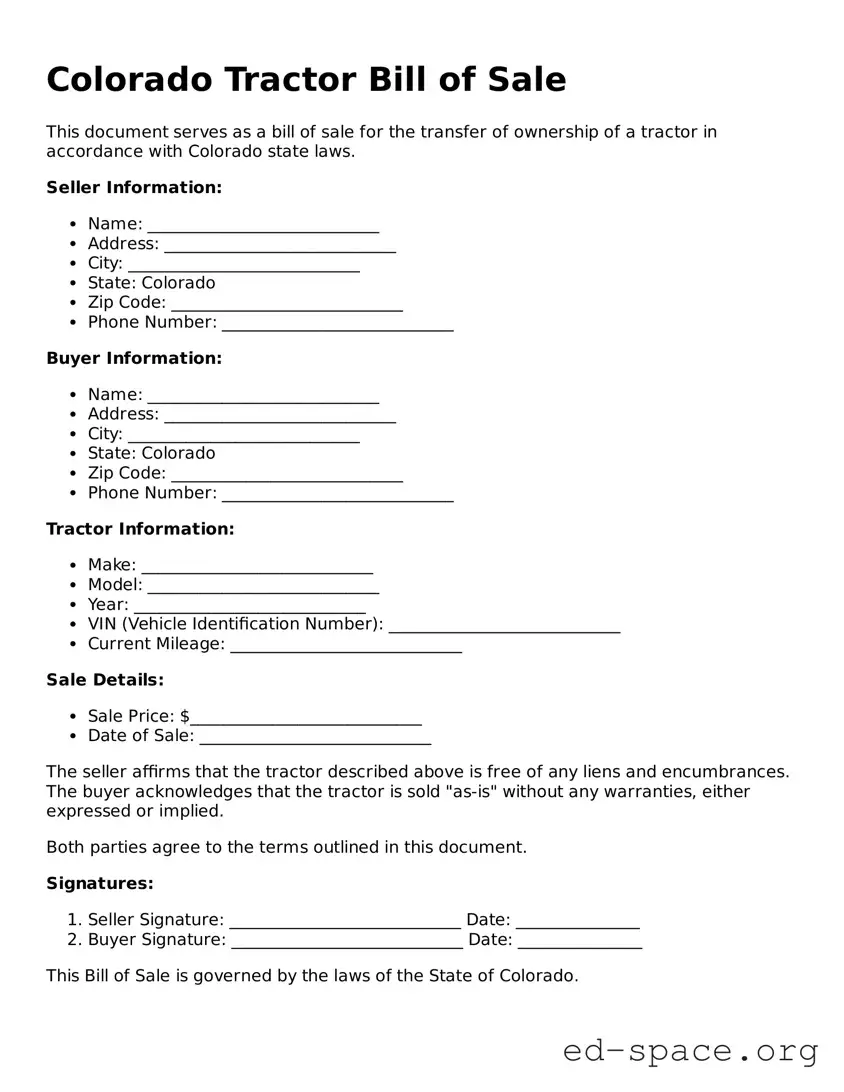 Free  Tractor Bill of Sale Form for Colorado