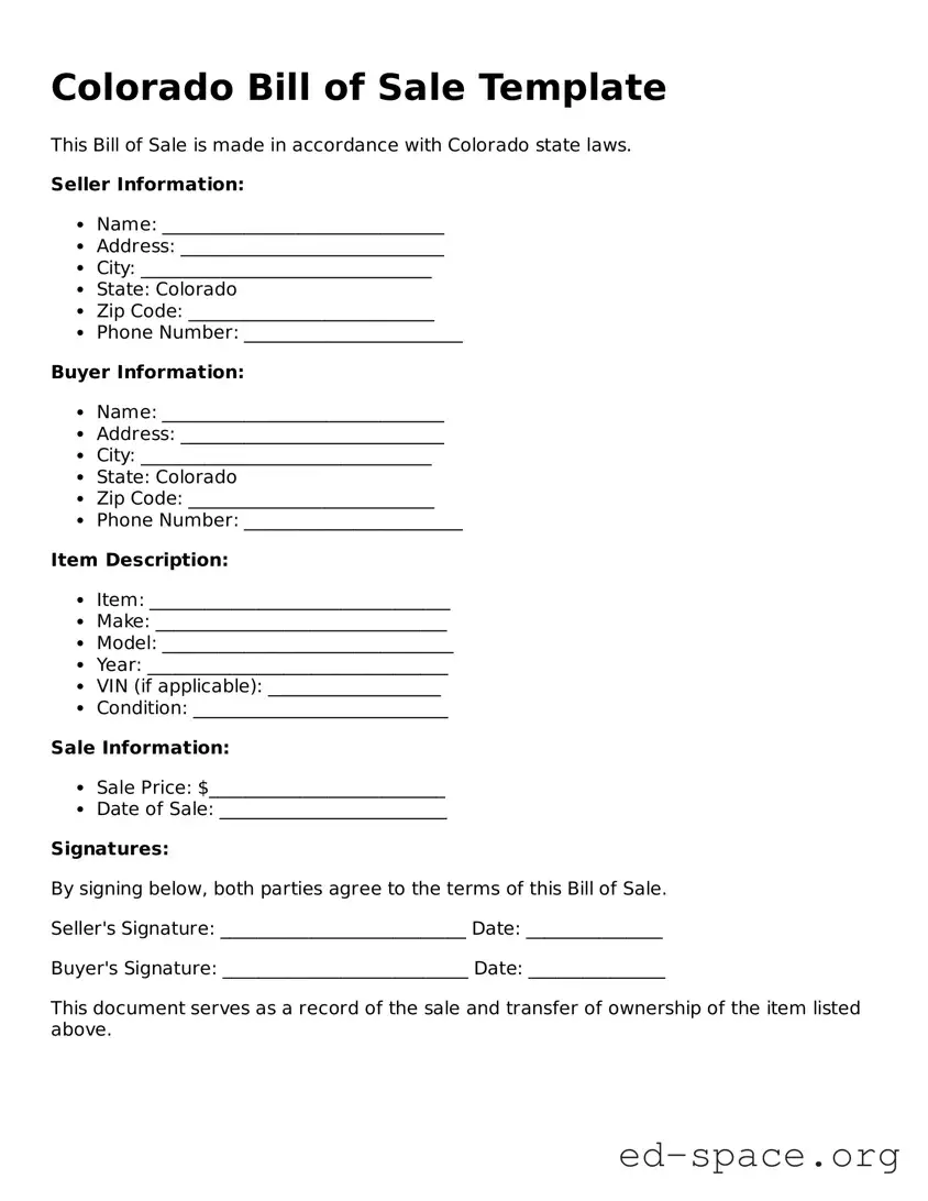 Free  Bill of Sale Form for Colorado