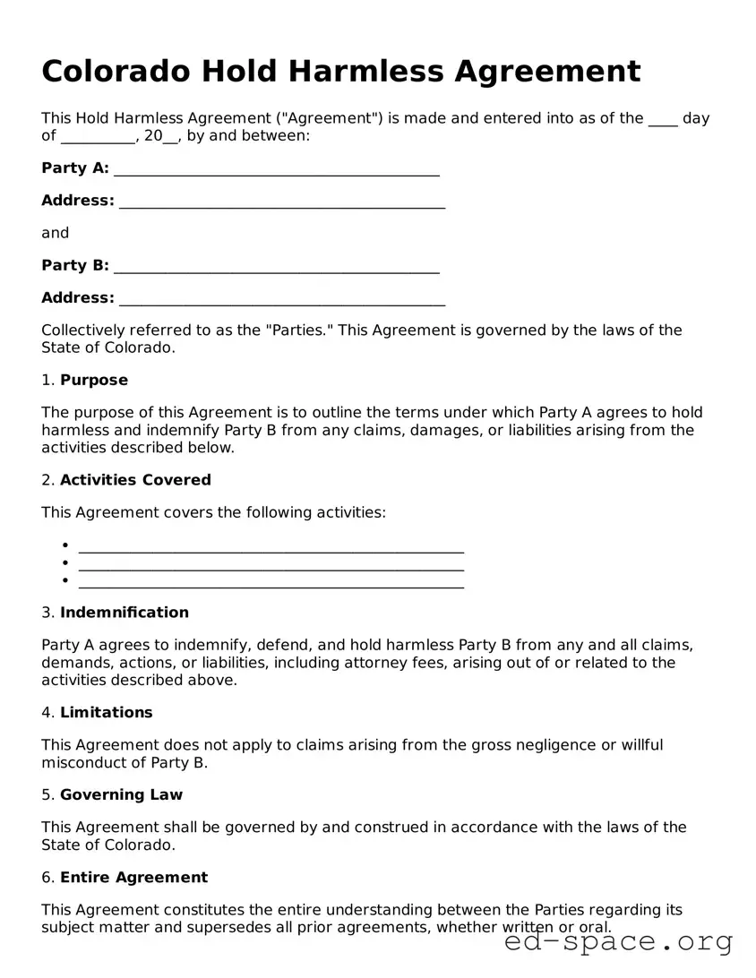 Free  Hold Harmless Agreement Form for Colorado