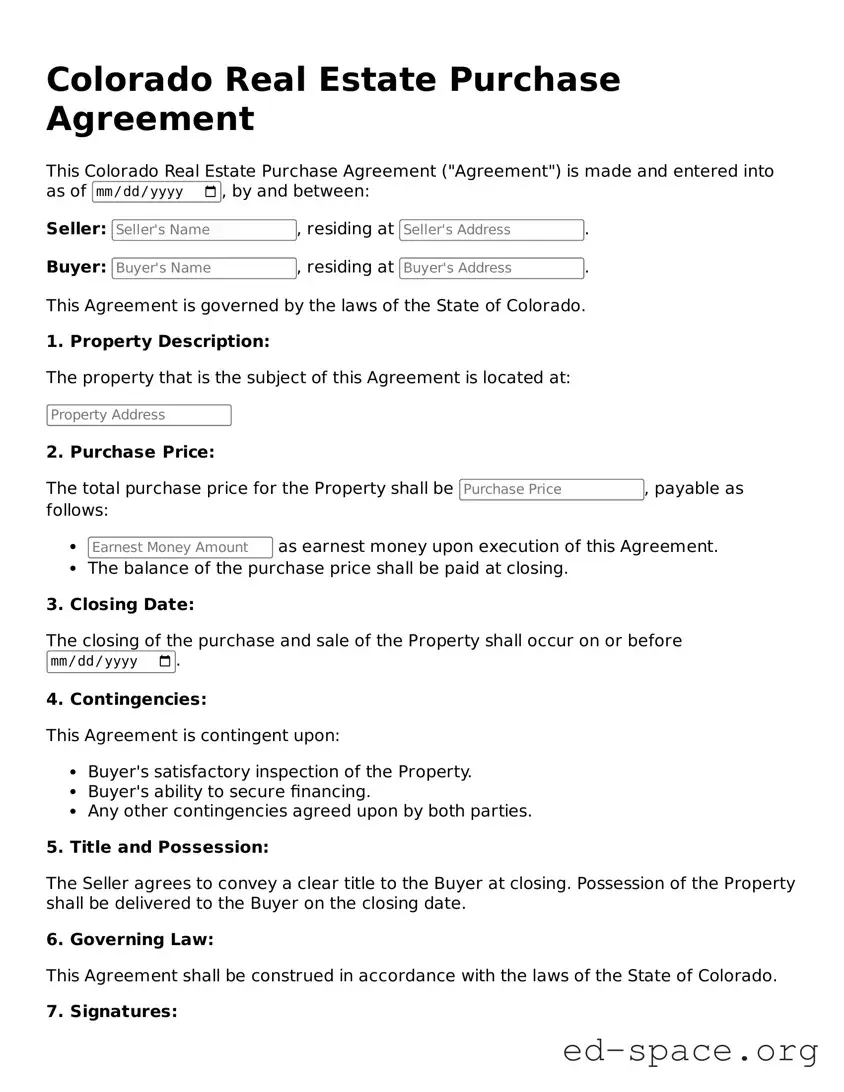 Free  Real Estate Purchase Agreement Form for Colorado