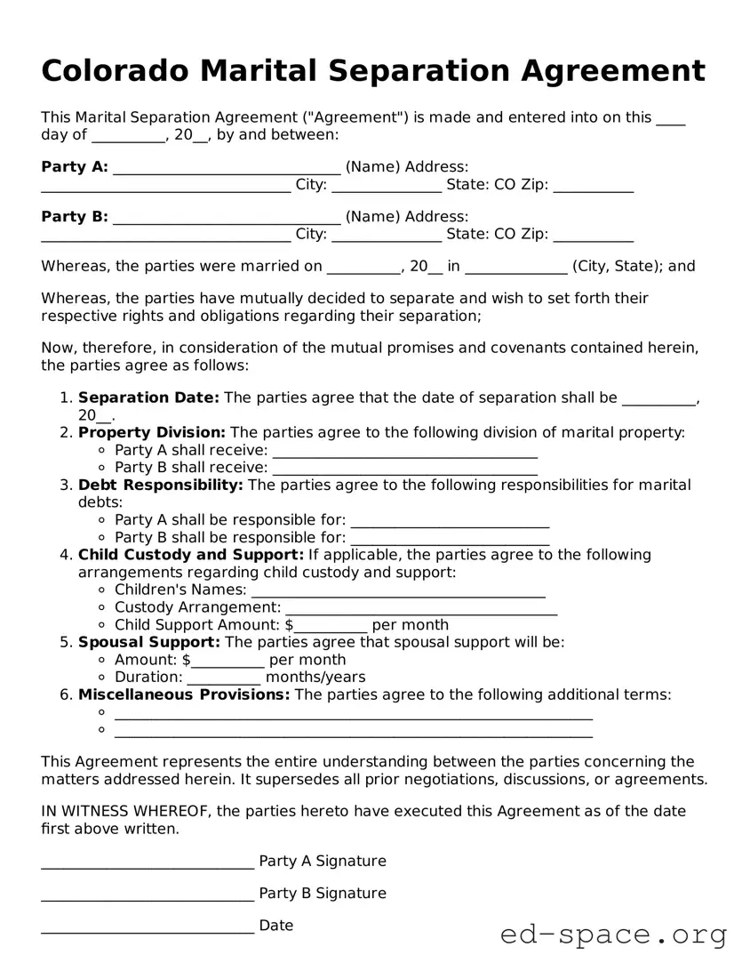 Free  Marital Separation Agreement Form for Colorado