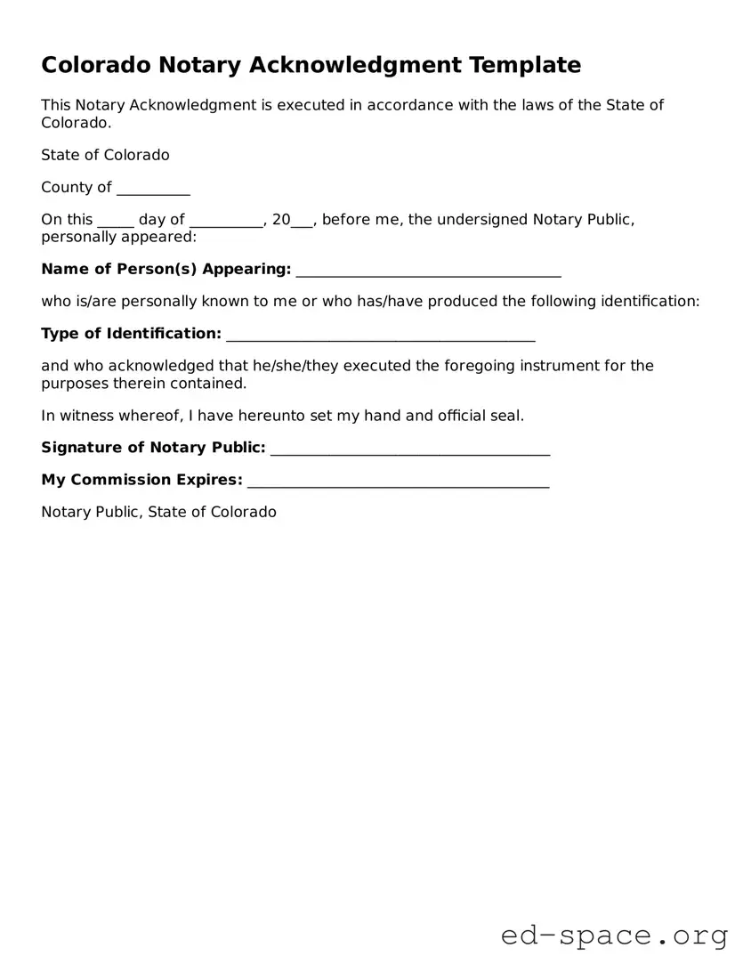 Free  Notary Acknowledgement Form for Colorado