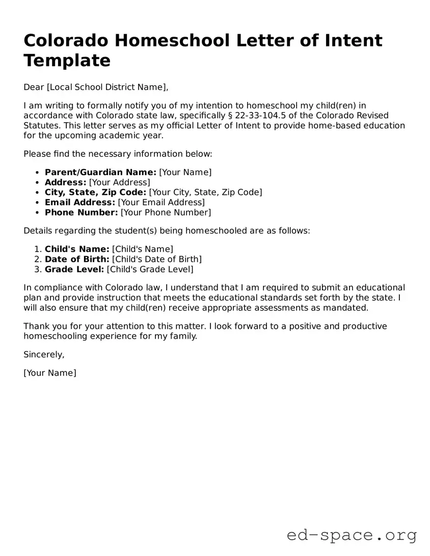 Free  Homeschool Letter of Intent Form for Colorado
